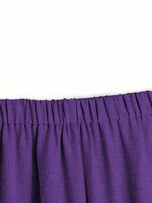 EMERY ROSE Plus Size Women's Solid Color Round Neck Batwing Short Sleeve Shirt And Wide Leg Pants Casual Loose 2 Piece Set - Purple - View 5