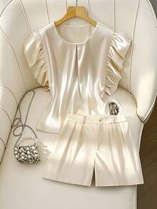 Franclia 2pcs/Set Women Ruffled Short Sleeve Top And Shorts Co-Ord Set, For Commuting & Vacation, Summer - Apricot - View 1