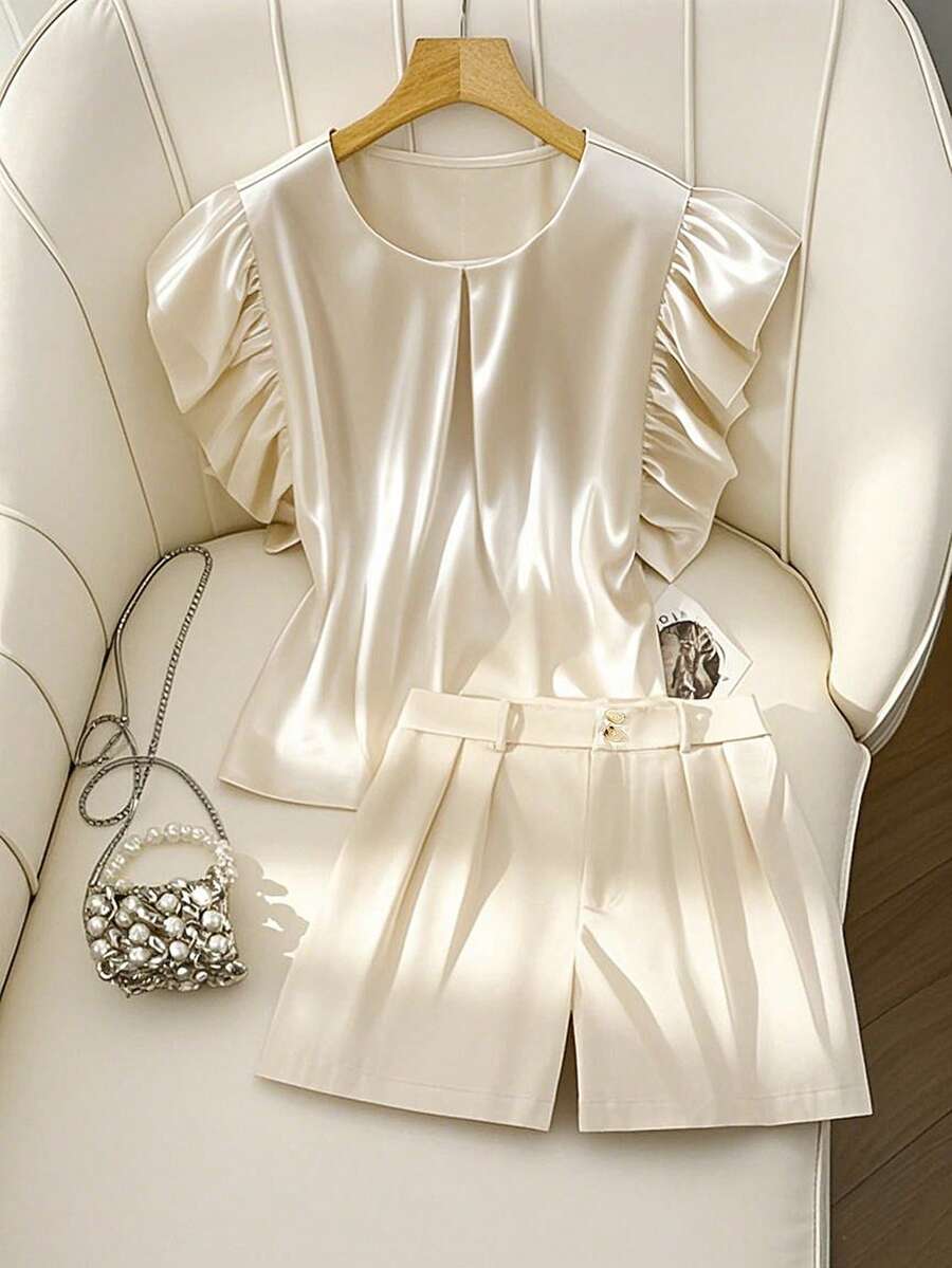 Franclia 2pcs/Set Women Ruffled Short Sleeve Top And Shorts Co-Ord Set, For Commuting & Vacation, Summer - Apricot - View 1