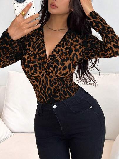Rafferiza Women Deep V-Neck Long Sleeve Leopard Print & Knot Bust Gathering T-Shirt, Sexy & Elegant, Autumn Graphic Cheetah Print Tees Women Tops For Spring