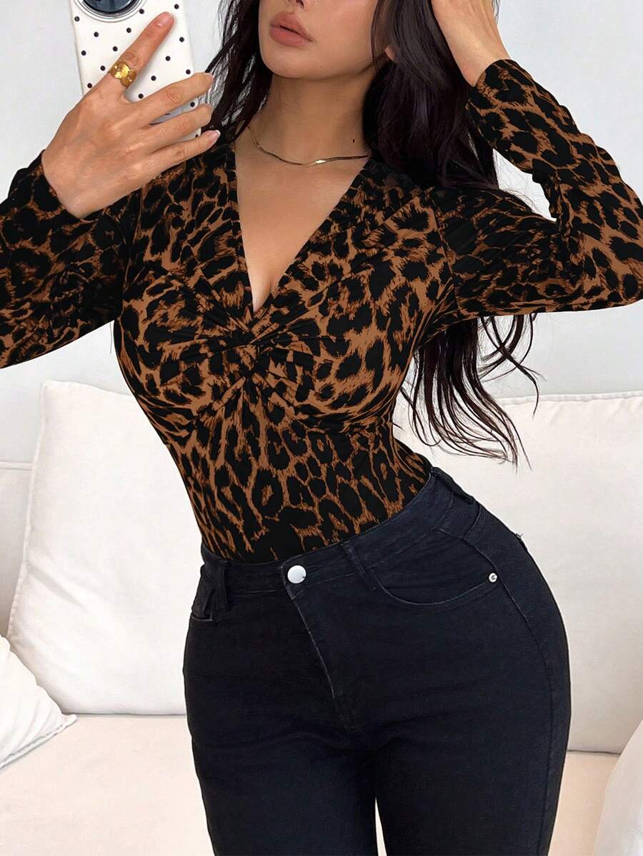 Rafferiza Women Deep V-Neck Long Sleeve Leopard Print & Knot Bust Gathering T-Shirt, Sexy & Elegant, Autumn Graphic Cheetah Print Tees Women Tops For Spring - Brown - View 1