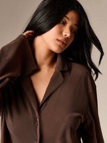 AiiRZ Conjunto de pijama de mujer con camisa de manga larga con botones y pantalón de pierna ancha, de punto suave y acanalado - Café integral - Ver 6