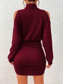 INAWLY Women's Solid Color High Neck Off Shoulder Long Sleeve Ruched Ribbed Fashionable Mini Dress - Burgundy - View 2