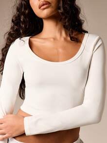 AiiRZ Camiseta corta de cuello de pico de manga larga, ajustada, casual, básica y esencial para capas - Blanco - Ver 6