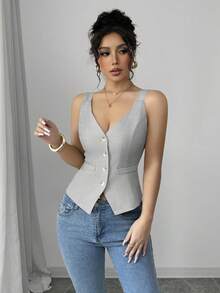 Elenzga Front Button Casual Solid Color Sleeveless Women Tank Tops - Grey - View 3