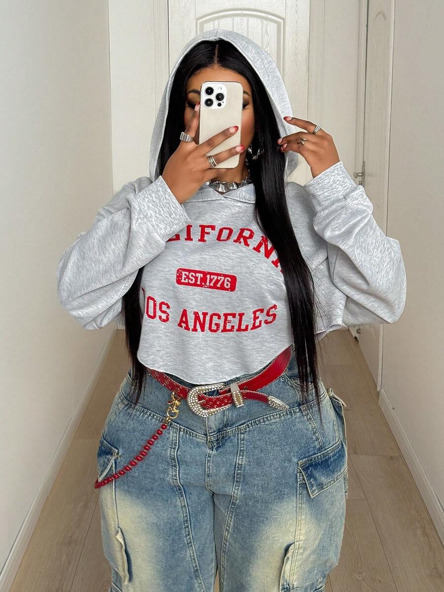 Maweii Sweat-shirt-shirt court sexy pour femmes, imprimé de lettres, grande taille, rouge de Noël, tenue de fête, printemps/automne - Gris - Voir 1