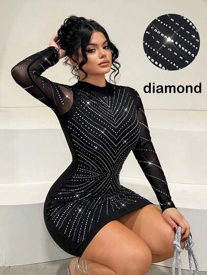 SHEIN SXY Women's Long Sleeve Fitted Mesh Rhinestone Black Sexy Dress, Elegant Dresses ,Xwys5 Discount Code ,Rhinestone Dress,Diamond Dress,Glam Dress For Women ,Sparkly, Slaydiva Dresses ,Jwoww, Bodycon Dress,New Year, Party ,Elegant ,Sexy ,Shiny Dress,Black,Party Dresses For Women,Party Dresses For Women,Dresses For Women Party