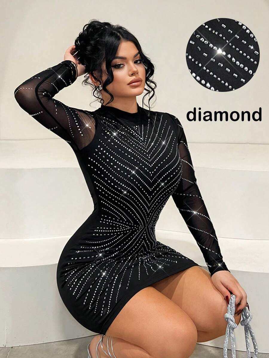 SHEIN SXY Women's Long Sleeve Fitted Mesh Rhinestone Black Sexy Dress, Elegant Dresses ,Xwys5 Discount Code ,Rhinestone Dress,Diamond Dress,Glam Dress For Women ,Sparkly, Slaydiva Dresses ,Jwoww, Bodycon Dress,New Year, Party ,Elegant ,Sexy ,Shiny Dress,Black,Party Dresses For Women,Party Dresses For Women,Dresses For Women Party - Black - View 1