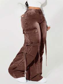 SHEIN Tall CURVE 大码休闲水洗高腰工装牛仔裤 - 藍色 - 查看 7