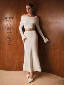 MOTF PREMIUM CHIC OVERSIZED COLLAR OFF-SHOULDER BELL SLEEVE RHINESTONE EMBELLISHED FISHTAIL HEM MAXI SWEATER DRESS, AUTUMN/WINTER - Beige - View 6