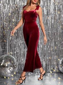 SHEIN Clasi Women's Elegant Burgundy Velvet Jumpsuit,Sleeveless Bowknot Wide Leg Jumpsuits For Summer,Dinner Date,Party,Bachelorette Outfits & Christmas Outfit - Burgundy - View 5