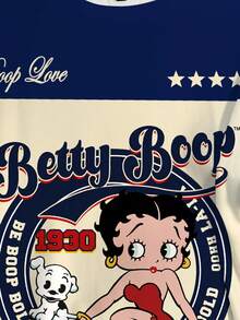 Betty Boop x SHEIN Plus Size Women's Casual Fashion Street Chic Daily Commute Cartoon Letter Print Contrast Color Loose Short Sleeve T-Shirt - White - View 4