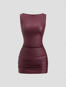 Sweetra New Fashion Wine Red Coated Elastic Fabric Off Shoulder Ruched Waist Slim Fit Mini Dress, High Neck Ruffle Detail, Suitable For Club Party, Cocktail, Commute, Daily Wear In Autumn/Winter - Burgundy - View 5