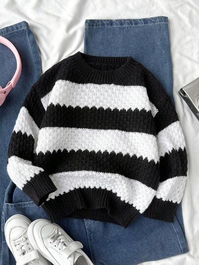 SHEIN Suéter de punto casual holgado de manga larga con cuello redondo y rayas para niñas jóvenes, suéter de punto para niñas, suéteres de invierno, suéter para niños pequeños