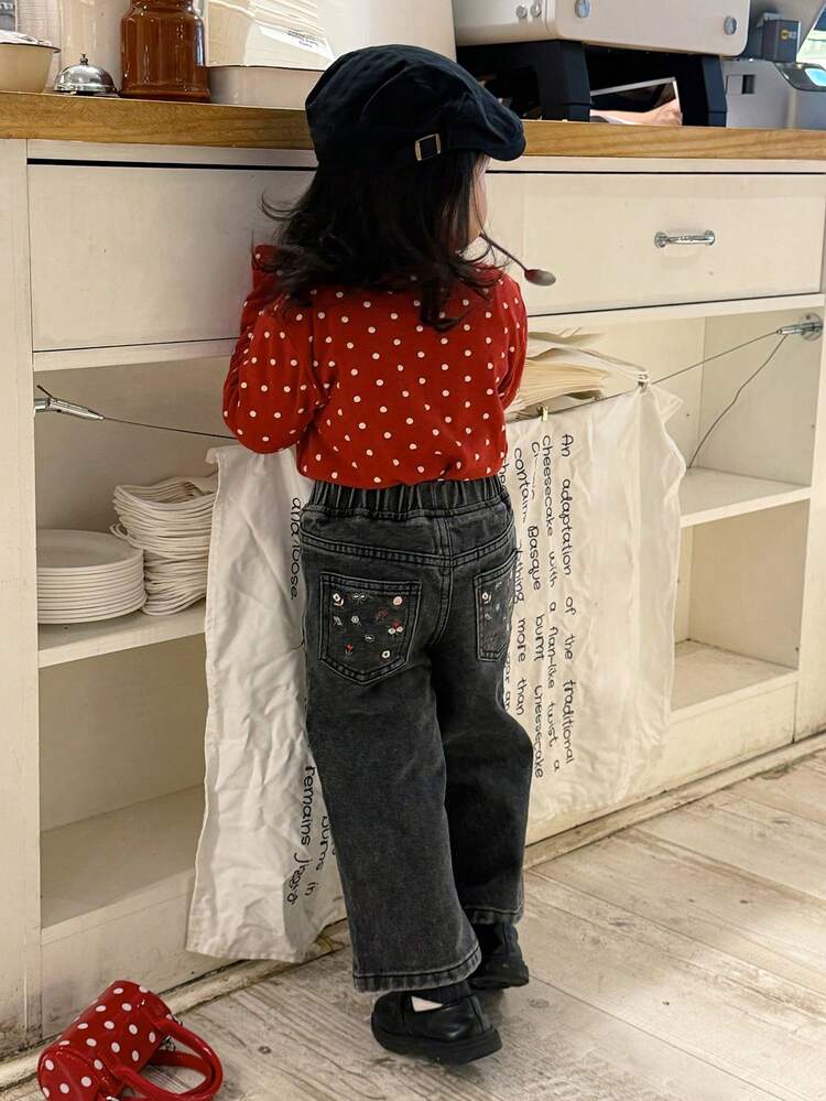 Baby Girls' Korean Style Casual Washed Floral Embroidered Long Denim Spring Toddler Girls Clothes