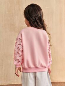 SHEIN Young Girl Jacquard Patchwork Long Sleeve T-Shirt,Casual Loose Crew Neck Solid Pullover,Black Autumn Family Matching(2 Pieces Sold Separately) - Pink - View 2