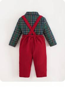 男婴可爱学院风绿色格子长袖衬衫和裤子套装 - 彩色 - 查看 3