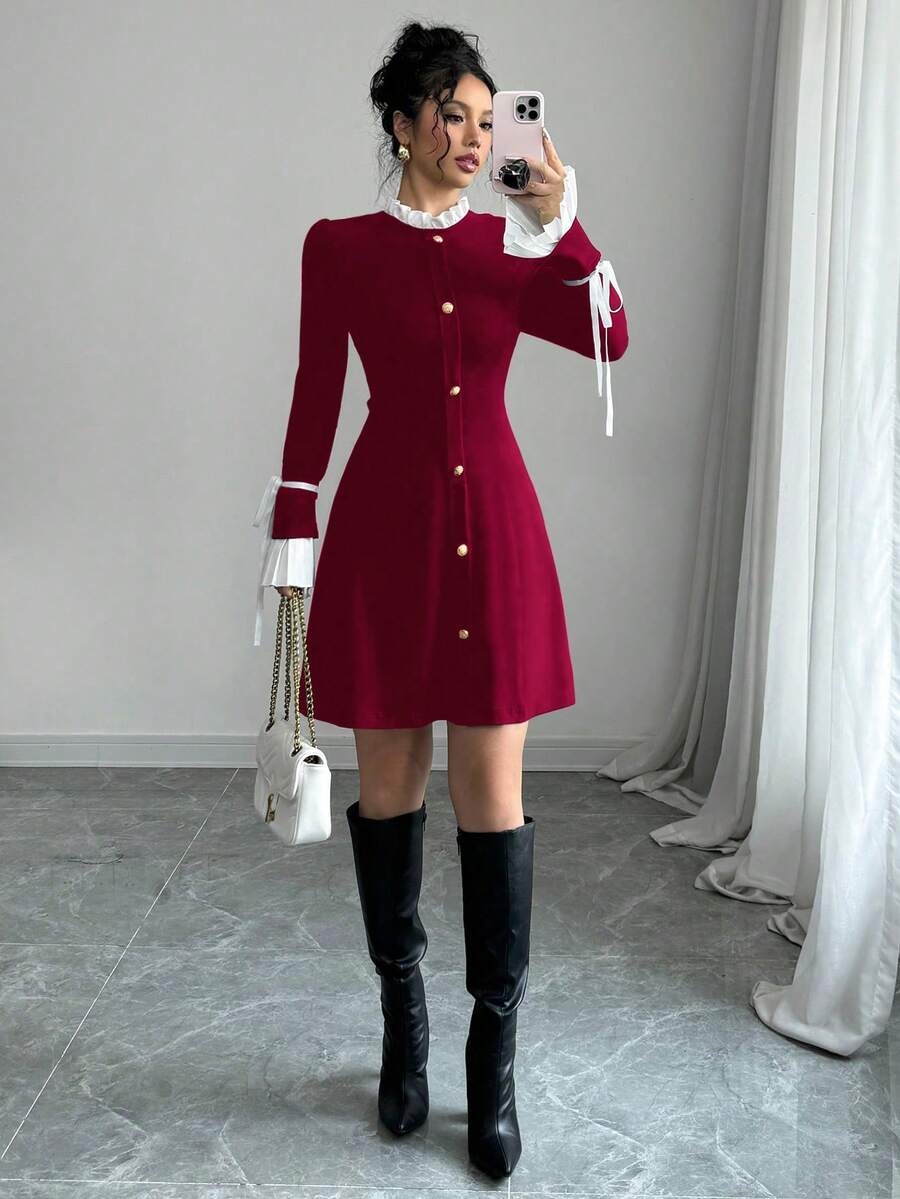 Elenzga Váy trang trí nơ tay áo tương phản đen trắng - Màu Đỏ Sâu - Xem 1