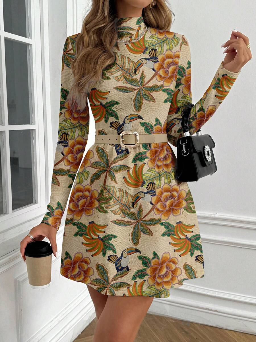 Glamance Studio Sense Elegant Casual Minimalist Party Dress For Women, Suitable For Autumn/Winter, Christmas, New Year Sleeved Floral Dress Flower Print Dress Long Sleeve Floral Dress Floral Dress Women Elegant Dresses For Women Long Sleeve Autumn Dress Floral Print Dress - Multicolor - View 1