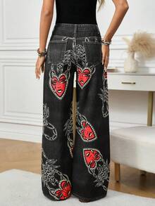 SHEIN LUNE Women's Scorpion Print Pocket Wide Leg Loose Casual Jeans Pattern Pants Women Wide Leg Pants Palazzo Pants Women Bohemian Pants - Black - View 2