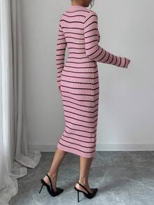 Elenzga Robe pull à manches longues, col en V, design élégant et classique, coupe slim, rayures, polyvalente pour les déplacements quotidiens. Nouvelle collection automne/hiver pour femmes