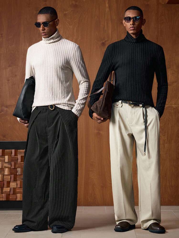 Men's Solid Color Turtleneck Long Sleeve Ribbed Casual T-Shirt Turtle Neck Men Knit Two Pieces Set Men Men's Wide Leg Pants Pleated Pants Men's Fall Collection