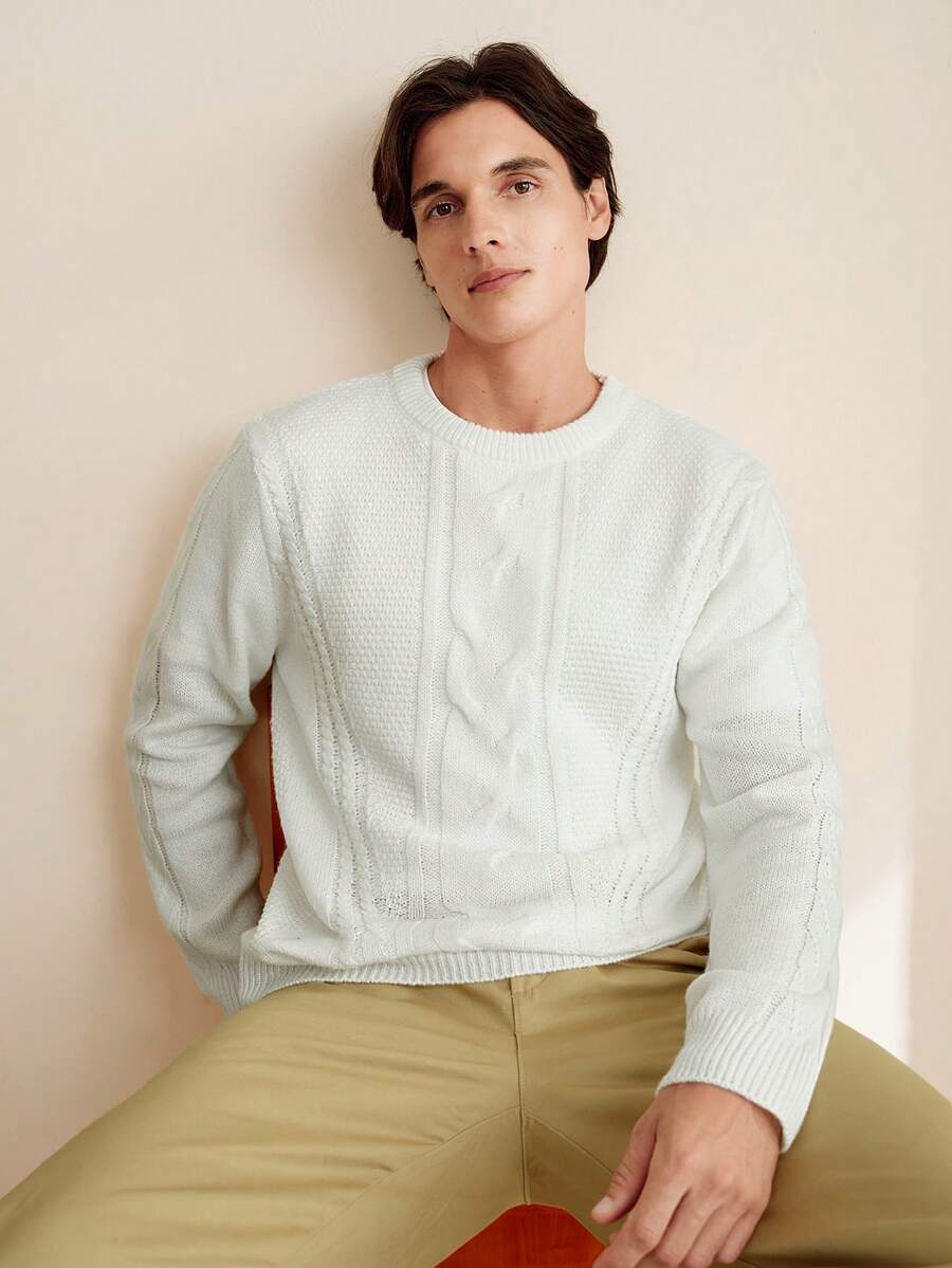 RONVEXI Suéter de cuello redondo de unicolor para hombre, suéter básico de manga larga lisa negra para regalo de novio, para otoño e invierno. Suéter casual de cuello redondo de unicolor de manga larga para hombre. Suéter de punto para hombre de otoño/invierno, jersey para hombre. Es excelente para parejas y hace una excelente idea de regalo para novios u esposos. Suéteres para hombre, suéter de punto blanco para hombre, suéter de trenzado para hombre - Beis - Ver 1