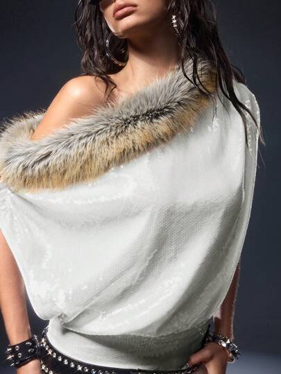 ROMWE Avant Vestido mini asimétrico de hombro para mujer con cuello de piel sintética de parches con brillo estilo Y2K