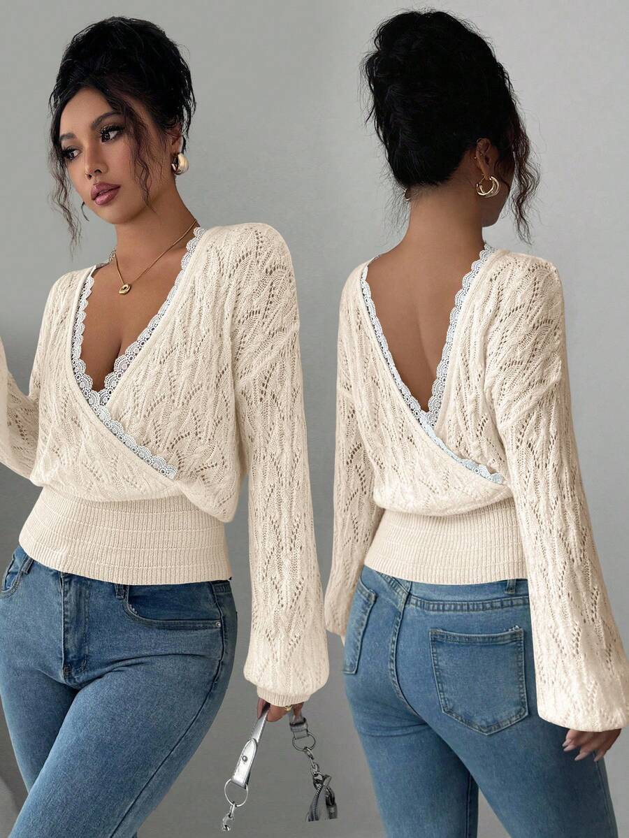 Elenzga Hollow Lace V-Neck Backless Mohair Sweater For Women, Elegant Wool Knitted Pullover With Reversible Design - Beige - View 1