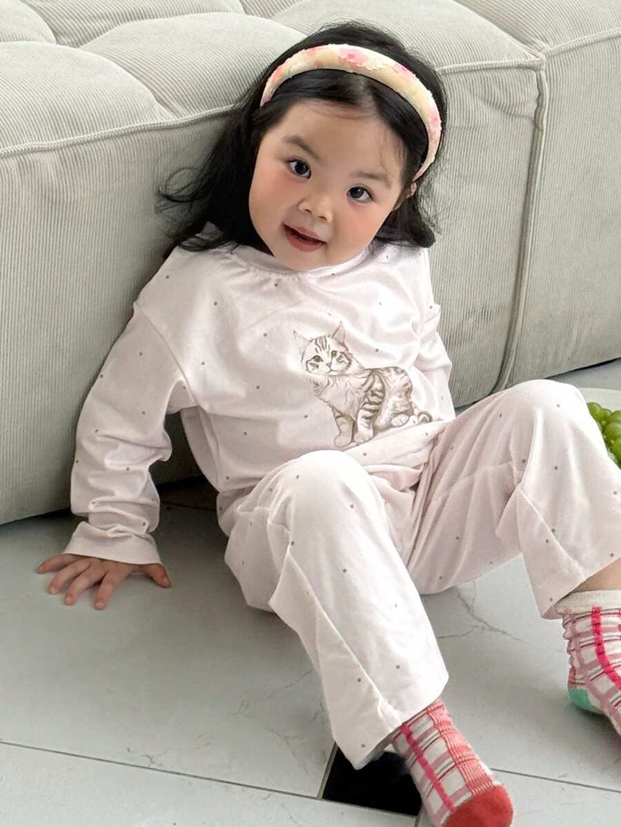 DAZY 女婴猫咪印花圆领长袖上衣和裤子睡衣套装 - 粉色 - 查看 1