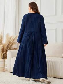 Lacomfia Plus Size Casual Solid Color Ribbed Floral Trim Round Neck Long Sleeve A-Line Midi Dress, Spring/Autumn - Blue - View 2