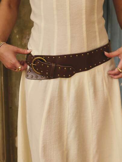 Aralina 1 pieza Cinturón de mujer vintage con estampado y tachuelas, versátil para streetwear en verano, escuela en otoño, y Halloween