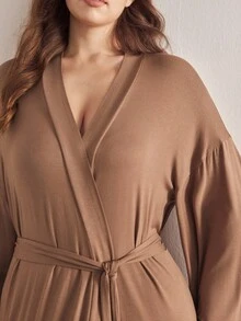 Ocili Leisure Soft & Simple Long Sleeve Plus Size Robe, Chic Autumn Easy Comfort Autumn Slumber, Cozy Outfit, Fall & Winter - Brown - View 4