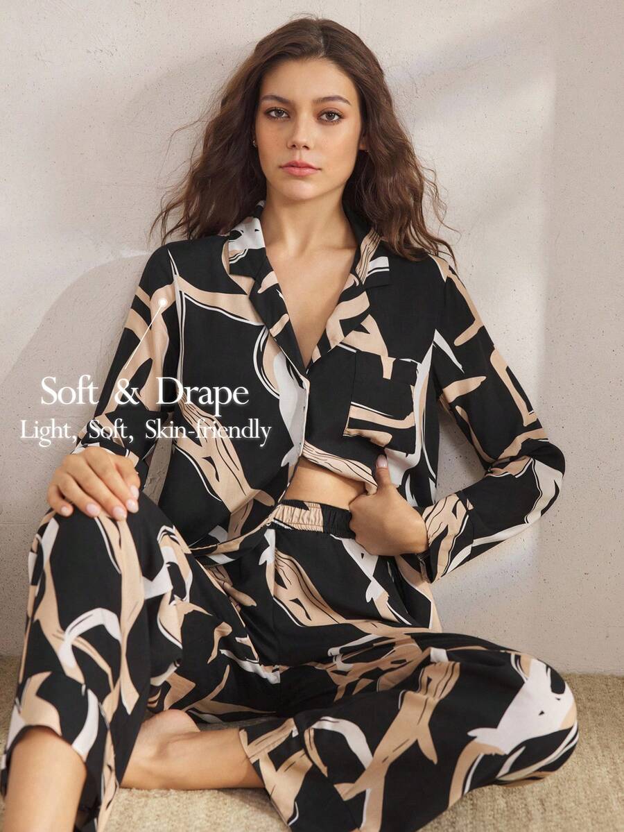 Ocili Leisure Comfortable Cotton Allover Print Women Pajama Set, Chic Autumn Easy Comfort Autumn Slumber, Fall Winter Clothes