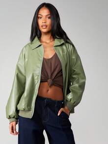 MISSGUIDED Contrast Stitch Faux Leather Oversized Bomber Jacket With Ribbed Cuffs And Collar Zip Front Casual Fall Winter Outerwear - Green - View 3