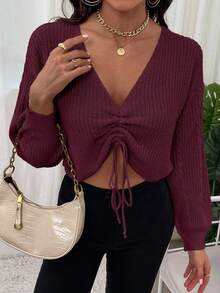Chiquease 时尚休闲百搭短款深V领抽绳落肩宽松女式套头毛衣，秋冬 - 紫紅色 - 查看 4