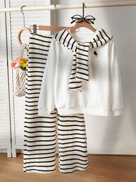 SHEIN סט סווטשירט פונצ'ו לבנות + מכנסיים רחבים מפוספסים, מתאים לאביב ולסתיו