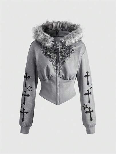 Grunge Punk Kpop Vintage Street Style Cross Rhinestone Vine Fur Collar Sexy Low-Cut Zipper Waist Long Sleeve Sweatshirt, Lily Flower Rhinestone Distressed Hoodie For Women, Autumn/Winter