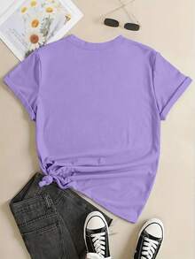 EMERY ROSE Plus Size Women Butterfly Print Short Sleeve Casual Round Neck T-Shirt - Mauve Purple - View 2