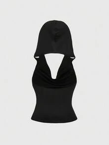 ROMWE Grunge Punk Y2K朋克风金属孔眼装饰短款连帽吊带背心，深V领口 - 黑色 - 查看 5