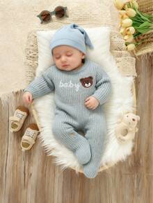 Baby Boys Ice Blue Sweater Jumpsuit With Bear & Letter Embroidery,Cute Round Neck Long Sleeve Knit Romper For Autumn,Family Matching Newborn Clothes - Baby Blue - View 1