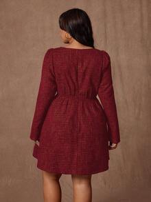 Rustia Plus Size Women Floral Print Square Neck Long Sleeve Waist Ruched Elegant Dress For Dates And Parties, Autumn/Winter - Burgundy - View 2
