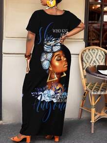 Maweii Đầm thường ngày cổ tròn tay ngắn có túi in họa tiết hoa, họa tiết cây cỡ lớn cho nữ - Nhiều màu - Xem 2