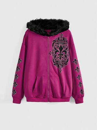 Fairycore Felpa con cappuccio da donna con stampa floreale, maniche a goccia, cerniera frontale, tasche, colletto in pelliccia, moda autunno/inverno
