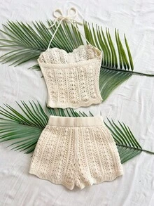 Soleia Set de 2 piezas de top de punto con escote halter calado y shorts de punto de unicolor para mujer - Albaricoque - Ver 2
