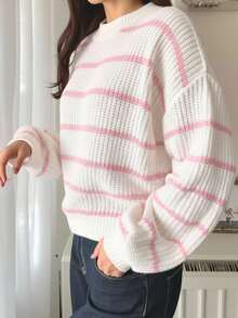 SHEIN TEENGIRL Pink & White Striped Basic Casual Loose Fit Crew Neck Lantern Sleeve Sweater, Back To School, Collegiate Style, Comfortable Everyday Wear - Pink - View 4