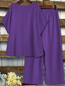 EMERY ROSE Plus Size Women's Solid Color Round Neck Batwing Short Sleeve Shirt And Wide Leg Pants Casual Loose 2 Piece Set - Purple - View 2