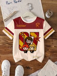 HARRY POTTER X SHEIN 少女休闲日常通勤上学风可爱卡通人物星星印花撞色短袖T恤，夏季 - 白色 - 查看 7