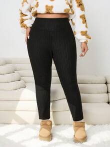 SHEIN EZwear Plus Size Dam Casual Svarta Ribbade Termofodrade Leggings, Höst/Vinter - Svart - Visa 4