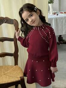 LMoss Kids 两件套女童纯色圆领修身毛衣和迷你裙套装 - 酒紅色 - 查看 4